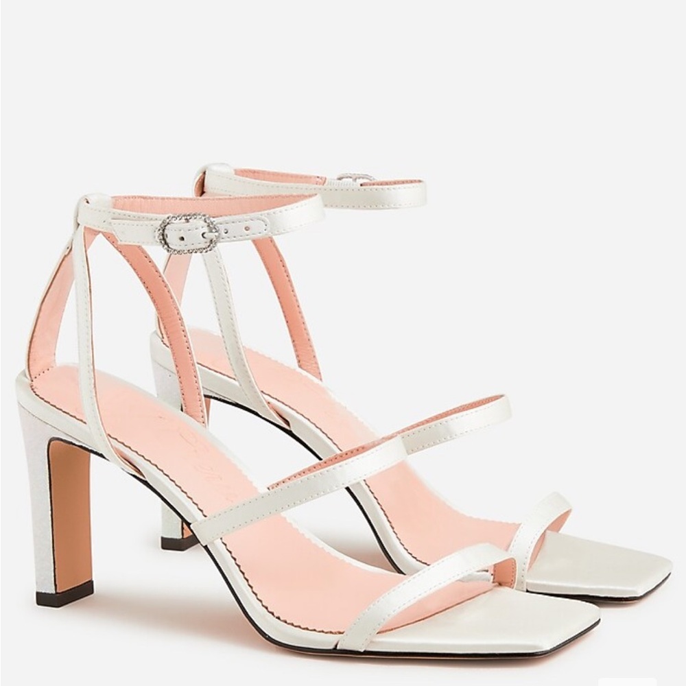 J Crew Ava strappy glitter heels‎ in satin in white bridal shoes
